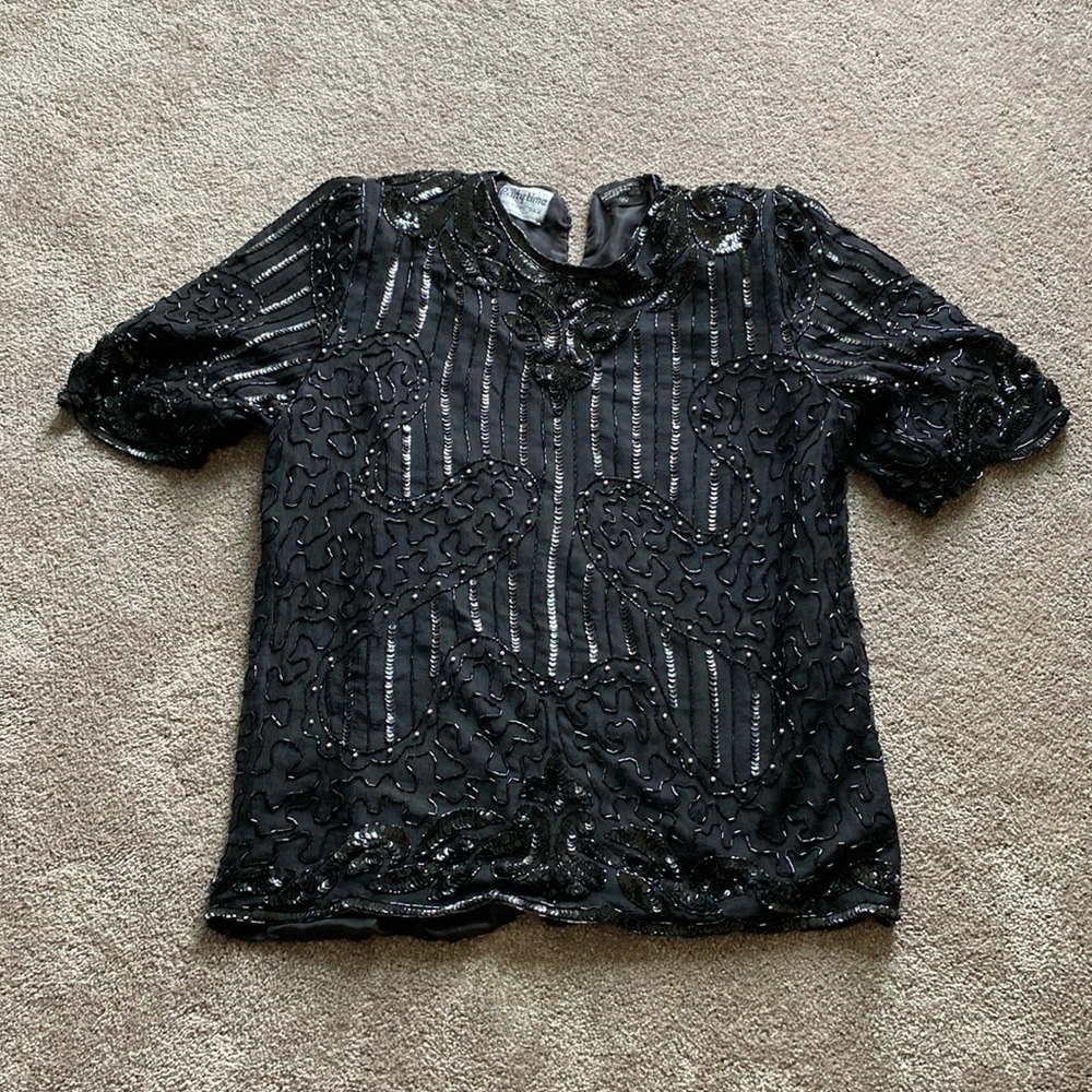 Party Time Formals Black Silk Beaded Sequin Evening Top SIZE XL